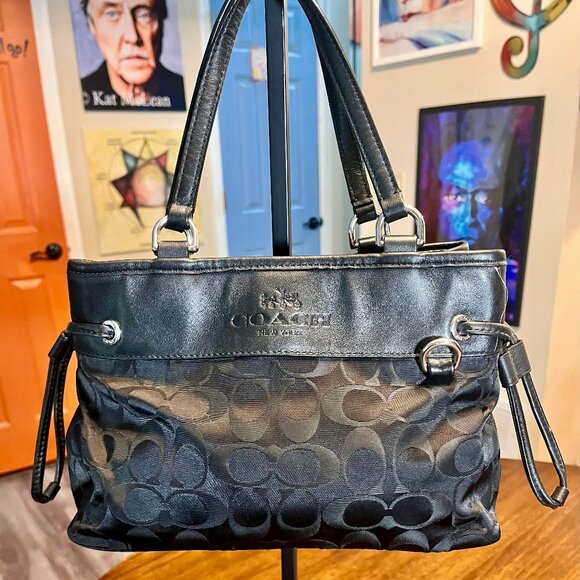 COACH 32702 Black Signature Drawstring Nylon Leather Double Straps Satchel Bag - Picture 1 of 10